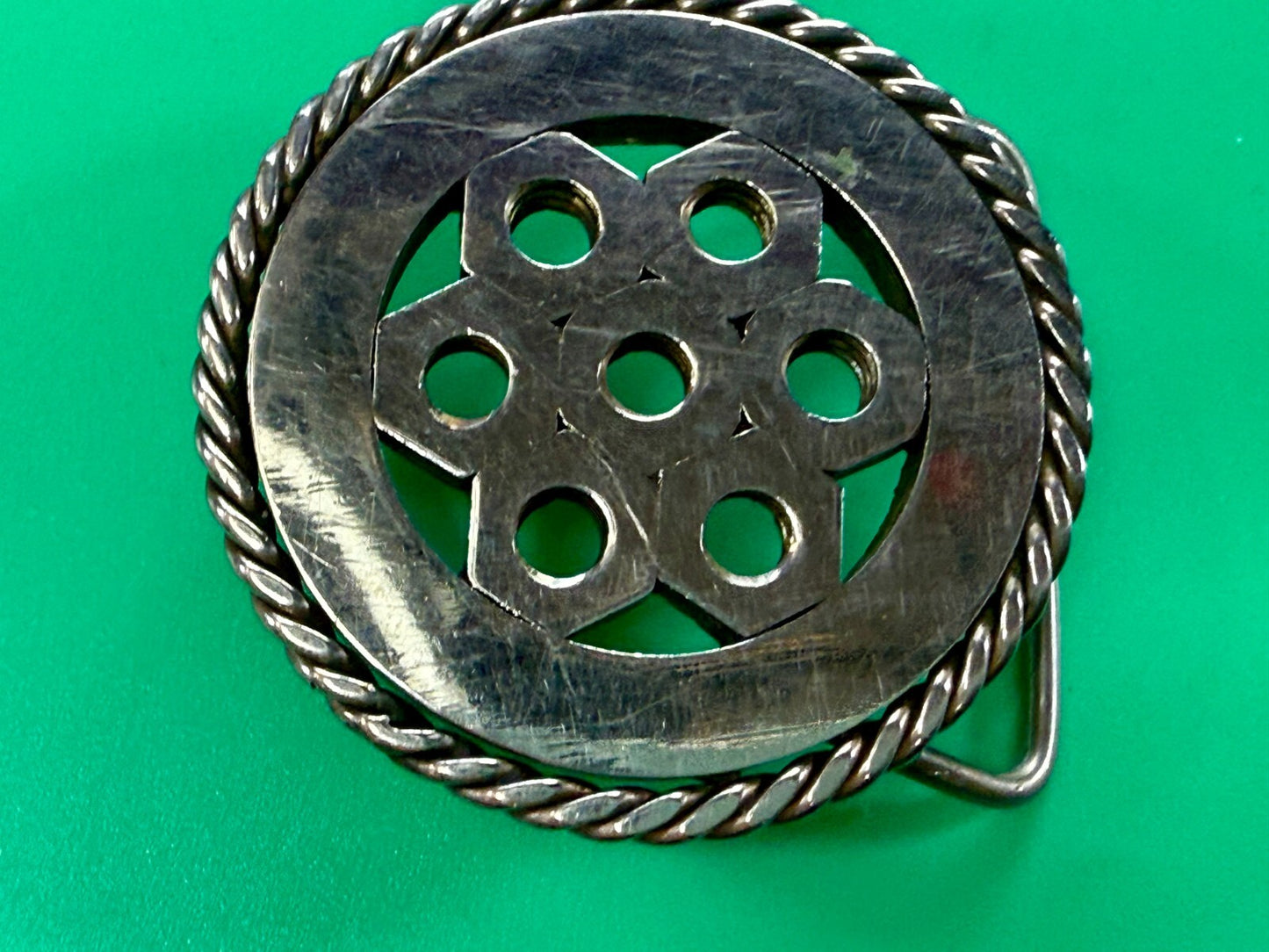 Artisan Welder's Art Handmade Abstract Open Work Round Silver Color Belt Buckle