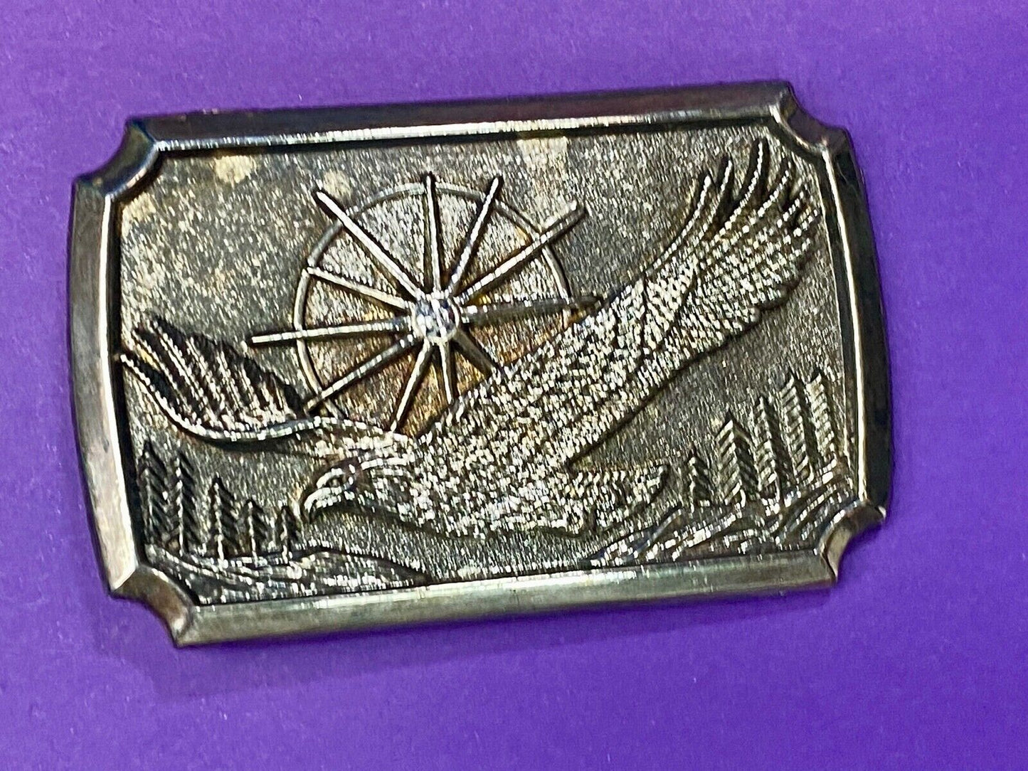 American Eagle Flying wings wide with star sun burst! Rectangular belt buckle