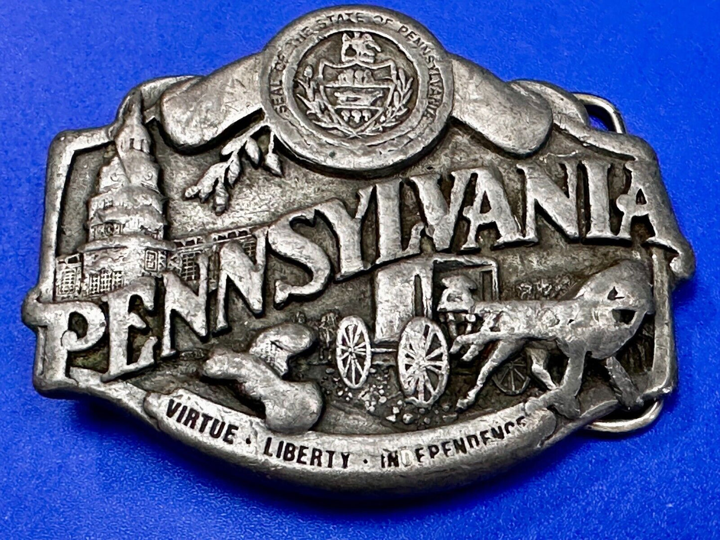 The State of Pennsylvania Virtue Liberty Independence 1982 Siskiyou Belt Buckle