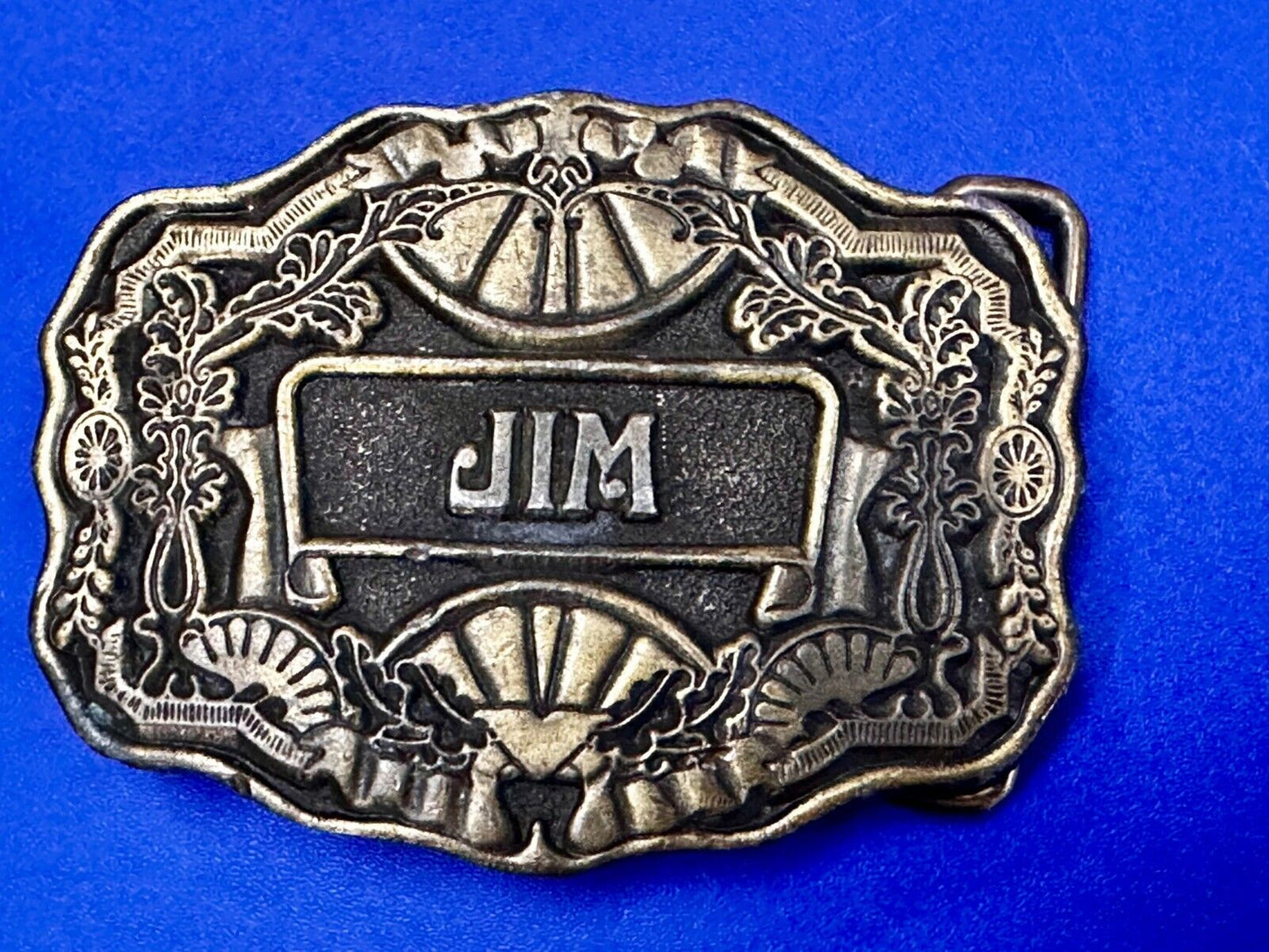 1970s JIM Name - Custom Brass Tone Metal Oden USA Personalized Belt Buckle