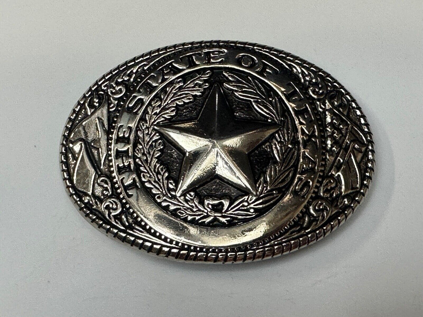 The Great State of TEXAS Star Flag Olive Branch Silver color oval Belt Buckle