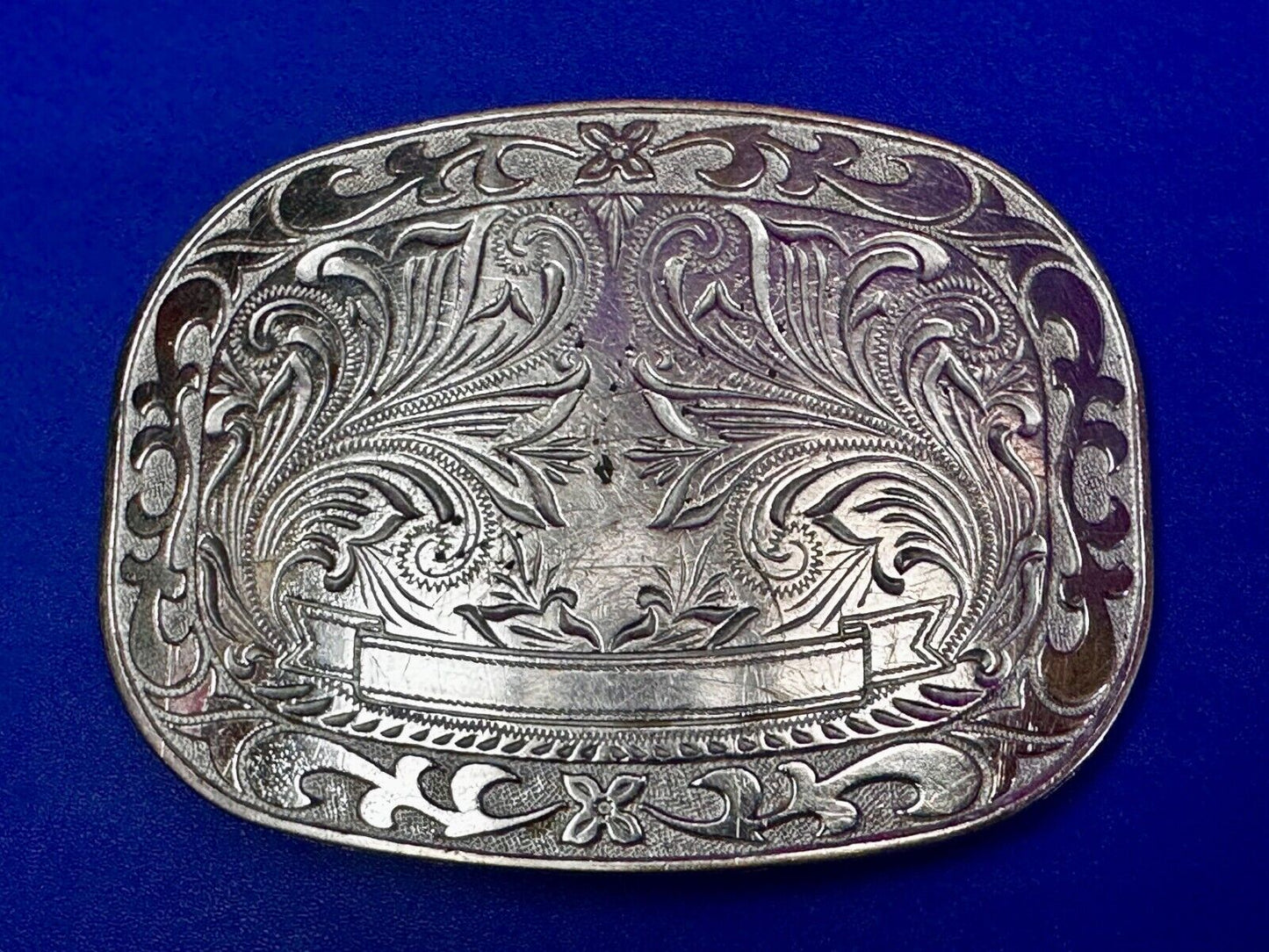 Award Ribbon Scroll To Engrave Western Flower Swirl Design Vintage Belt Buckle