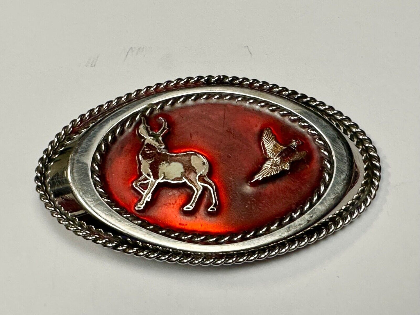Vintage Artisan Hunters Deer and Quail oval western belt buckle