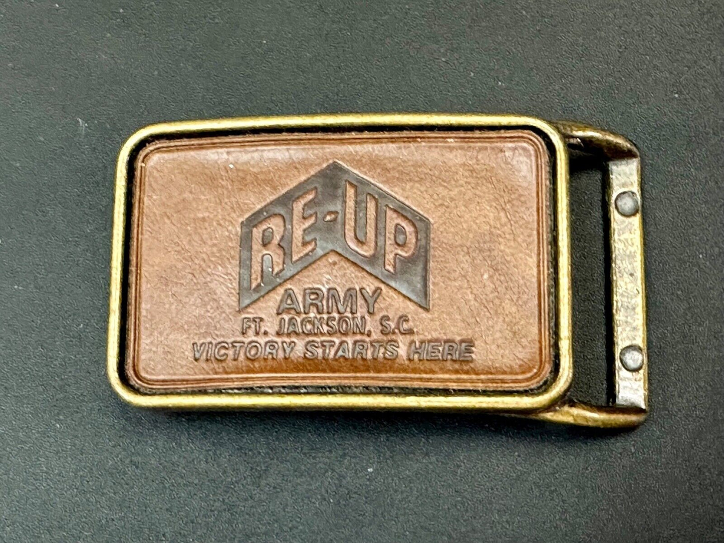 Army Re-up Ft Jackson SC Victory starts here leather & brass tone belt buckle
