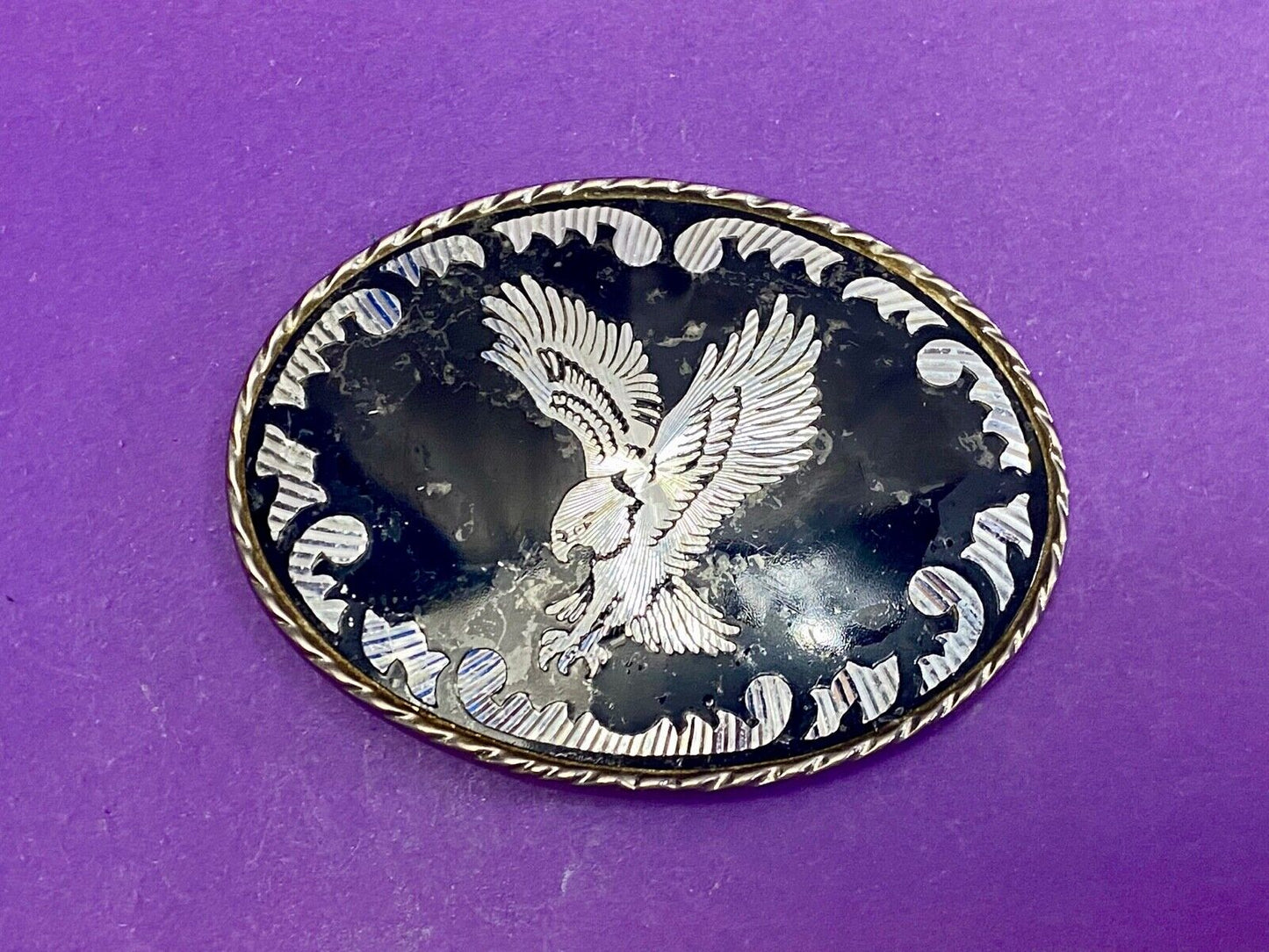 Black And Silver Color Flying Hunting Diving American Eagle Belt Buckle Signed W