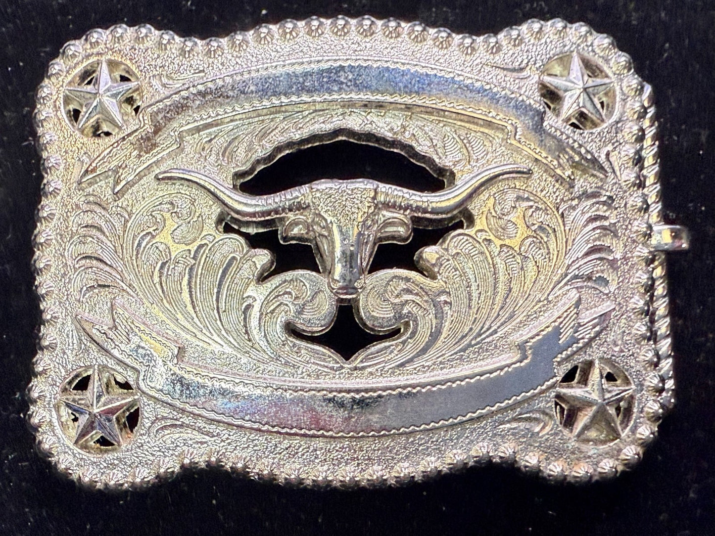 Texas Longhorn Cutout See Through Silver Tone Belt Buckle W/ Stars Award Ribbon