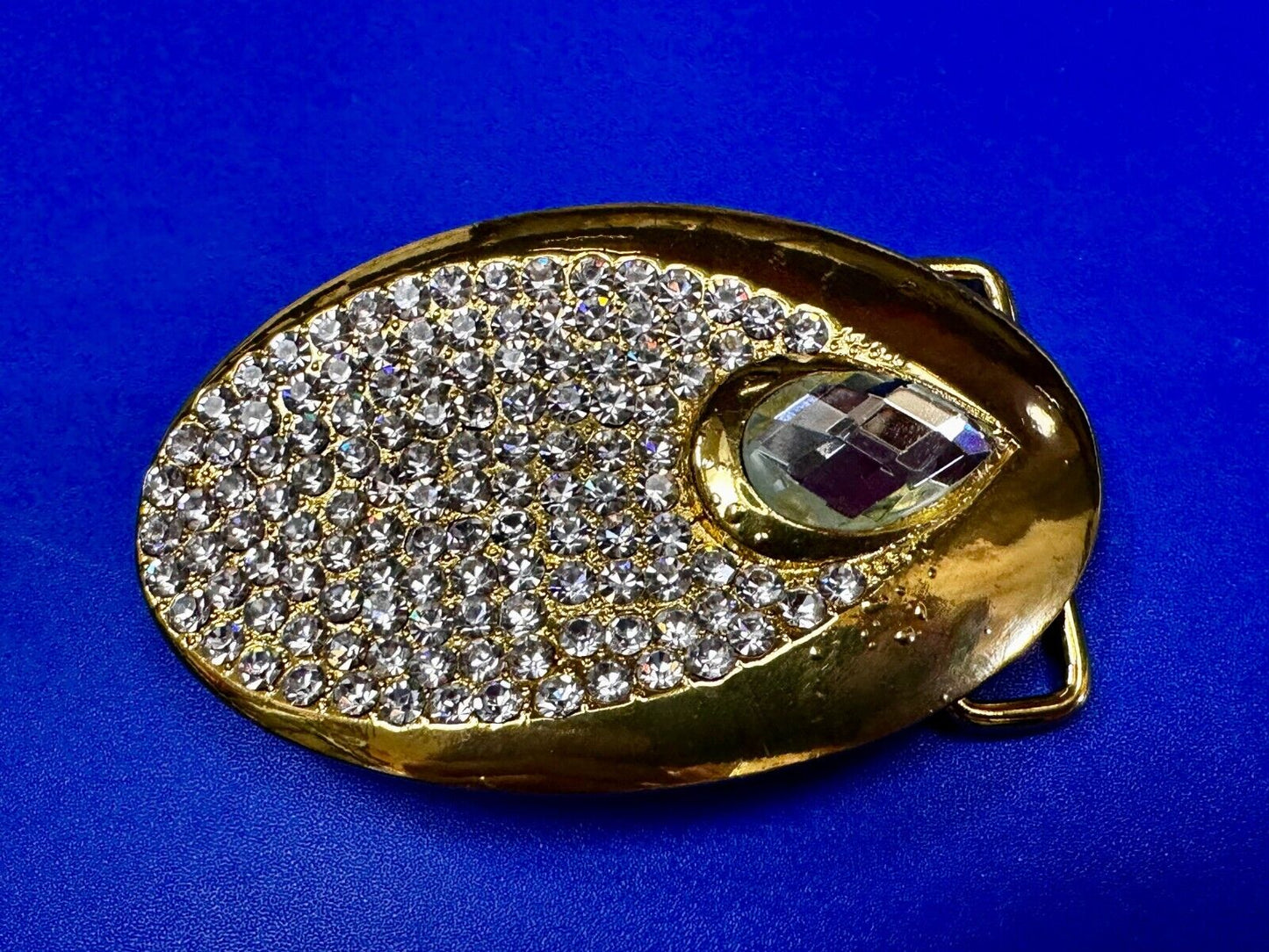 Beautiful Stylish Clear Rhinestone Covered Gold Tone Designer Oval Belt Buckle