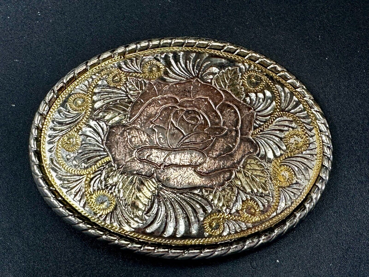 Beautiful Rose Flower Swirl Etched Design Mixed Metal Belt Buckle by W