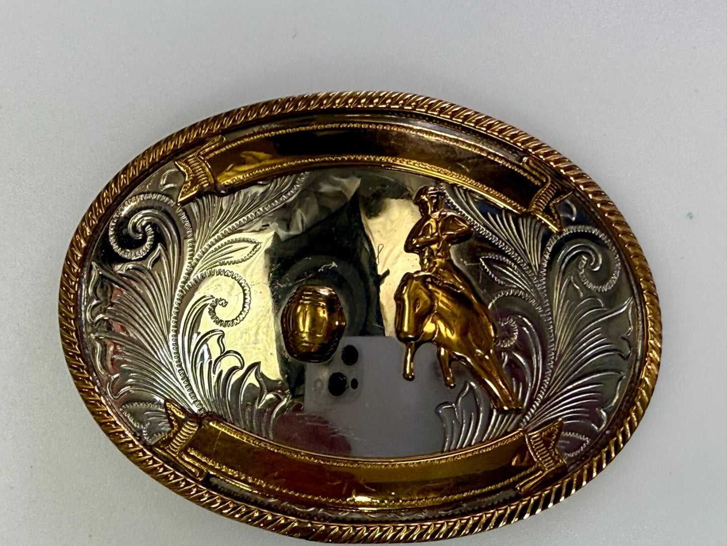 Vintage Barrel Racing Trophy Award Blank Ribbon Vtg. German Silver Belt Buckle