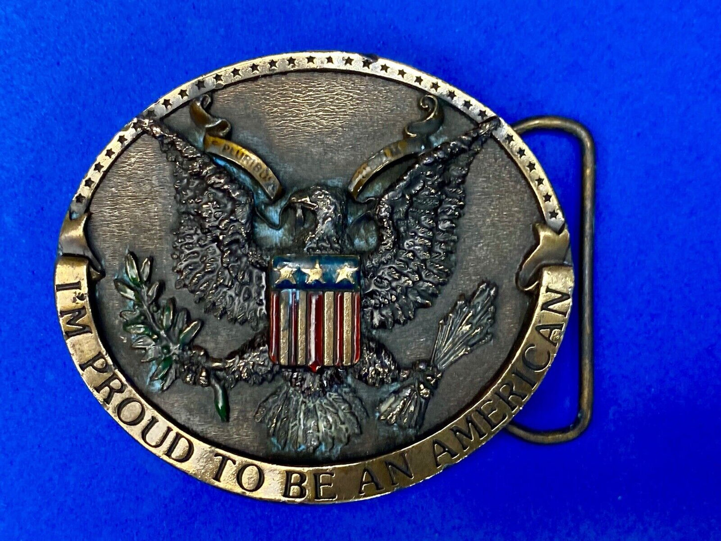 Vintage 1981 Im proud to be an American belt buckle by Bergamot Eagle and Crest