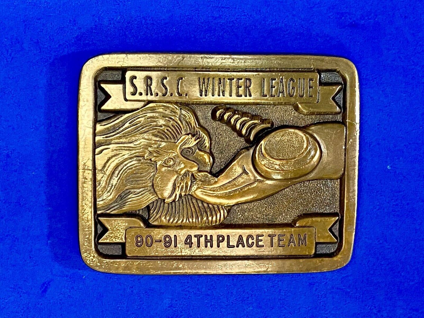 Vintage 1990 Trophy Belt Buckle Srsc Winter League Sports Teams Old Man Winter