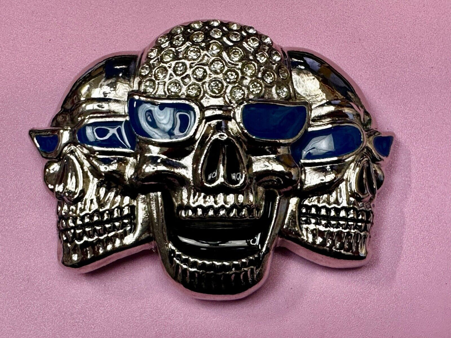 Three Skull's Heads Rhinestone Accented W/ Blue Shades Silver Tone Belt Buckle