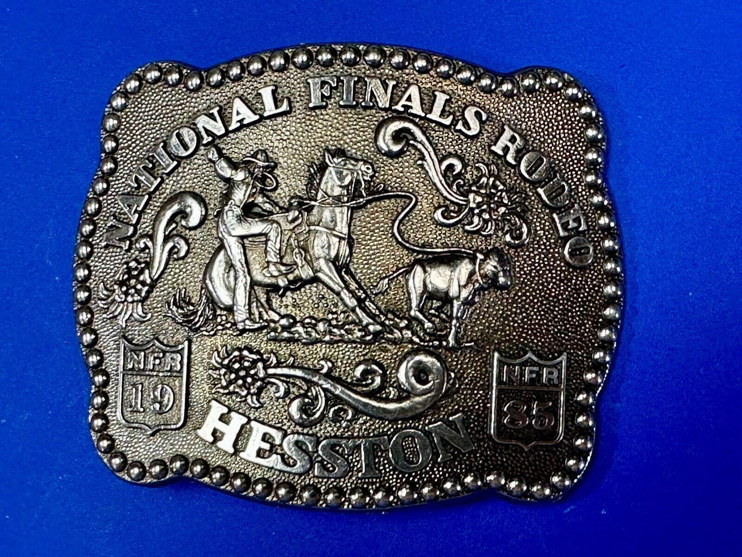 1985 NFR Rodeo Vintage Hesston Belt Buckle Steer Wrestling Cowboy