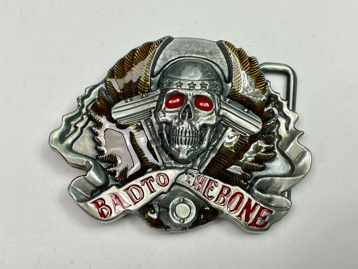 Bad to the bone - Red eyes Bikers Motorcycle Riders skull and wings belt buckle
