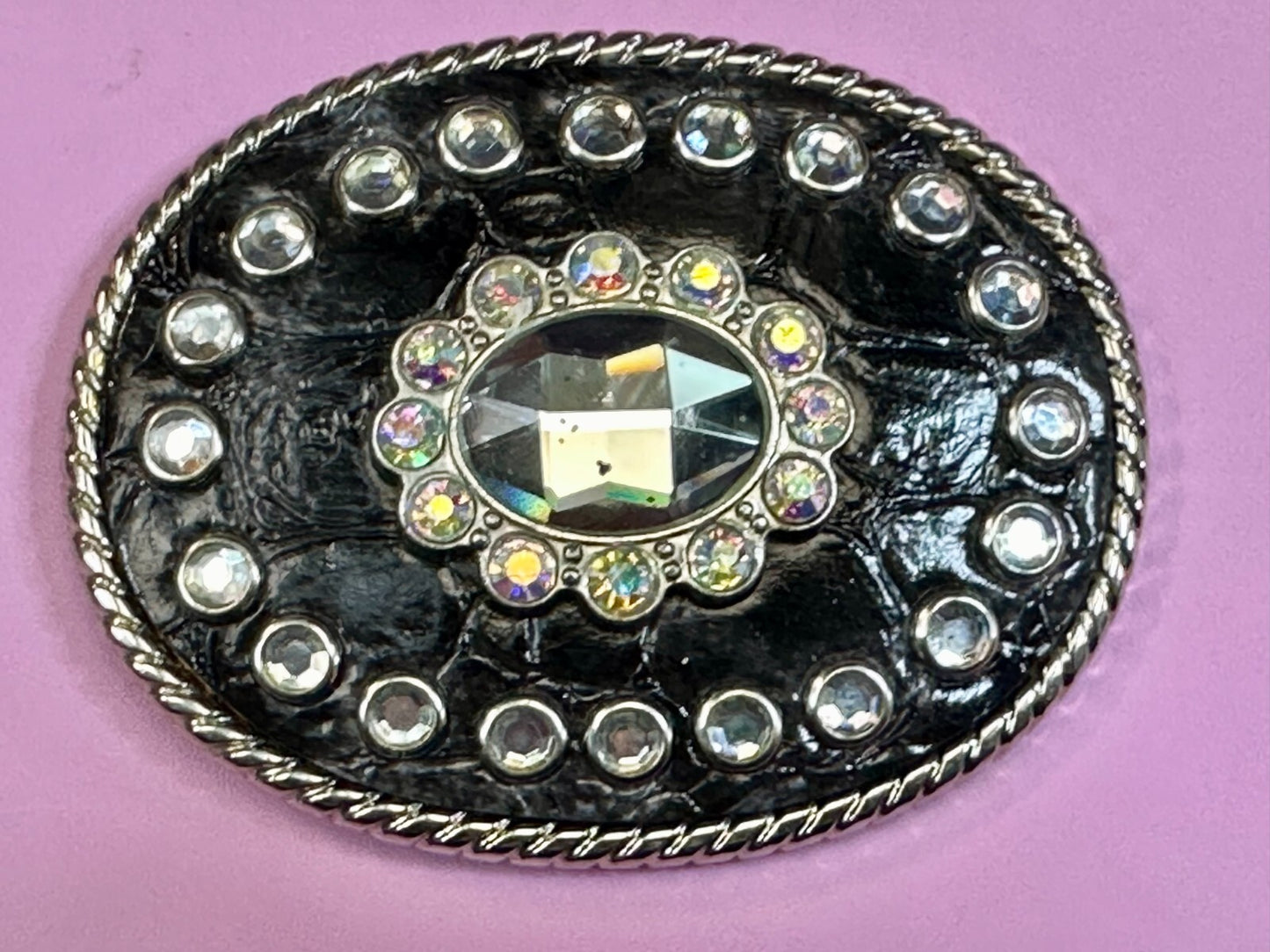 Beautiful Clear Rhinestone Bling Leather on Metal Vintage Belt Buckle