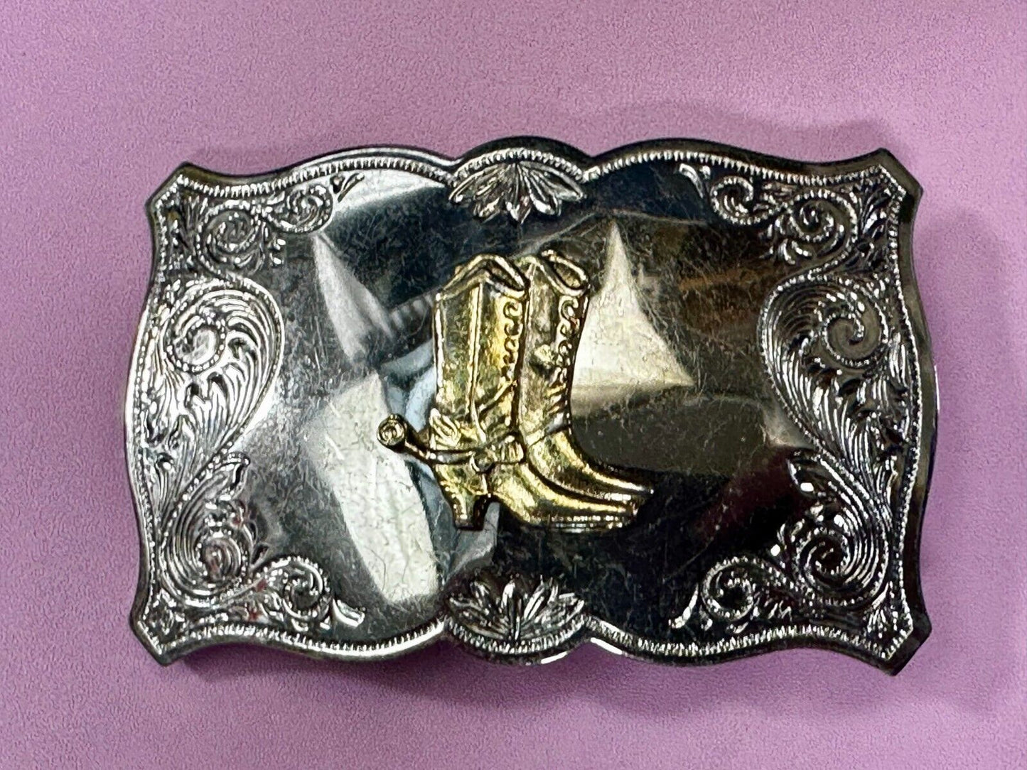 Vintage Cowboy Boots Engraved Swirl Border Two Tone Western Style Belt Buckle