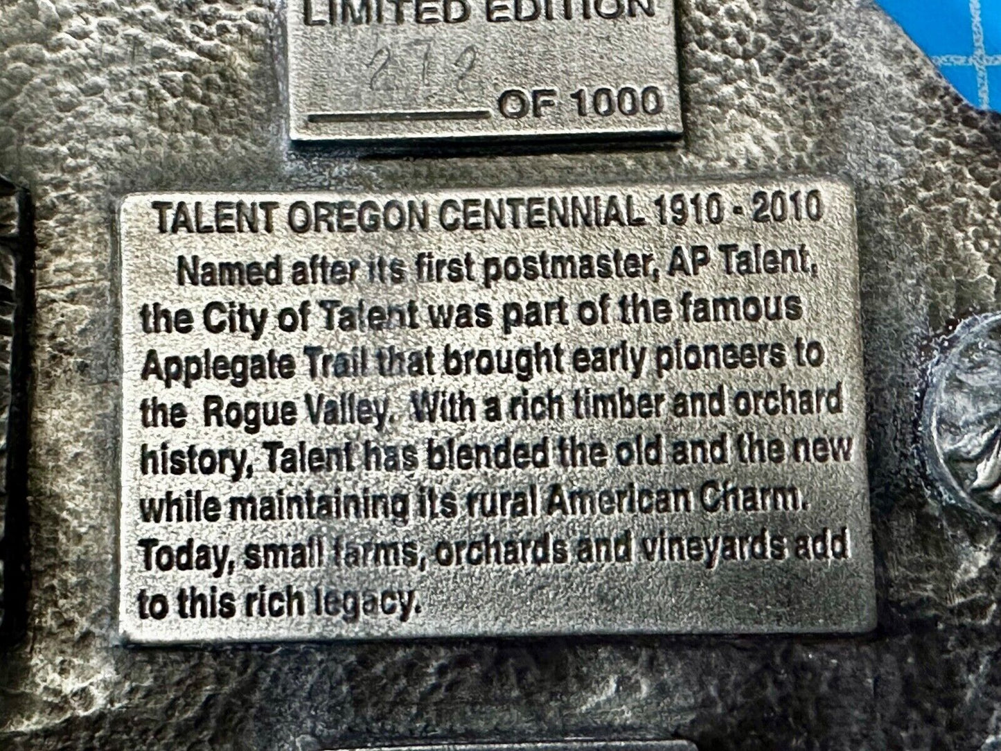 Talent Oregon Centennial Celebration 1910-2010 Belt Buckle