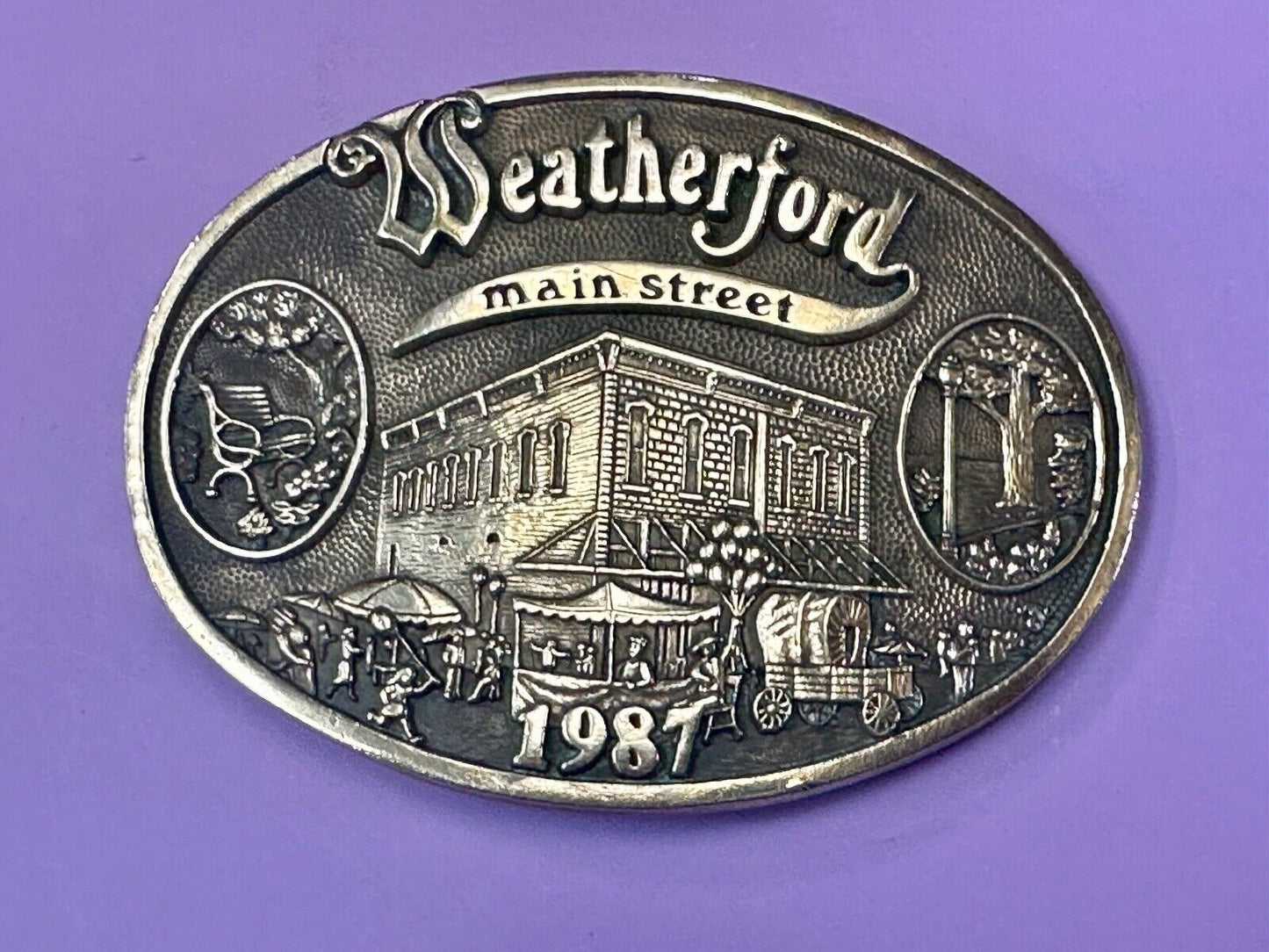Texas Weatherford Main Street - vintage 1987 LIMITED ADM solid brass belt buckle