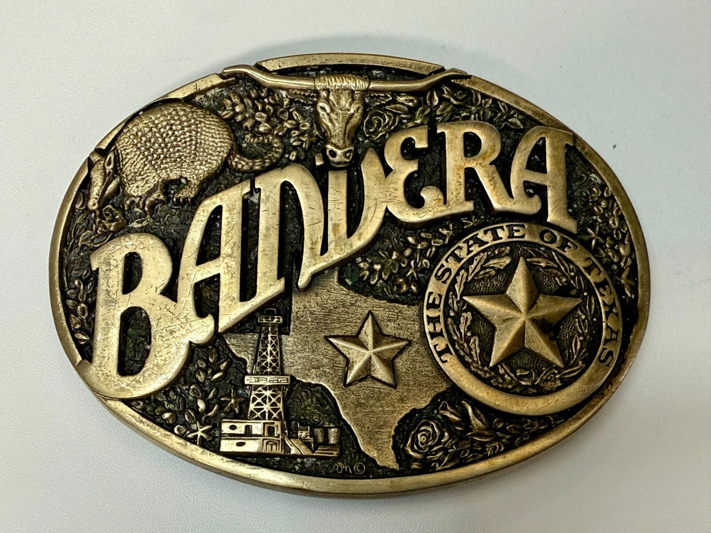 Bandera Texas State Seal , Oil, Star, Longhorn Vtg ADM Solid Brass Belt Buckle