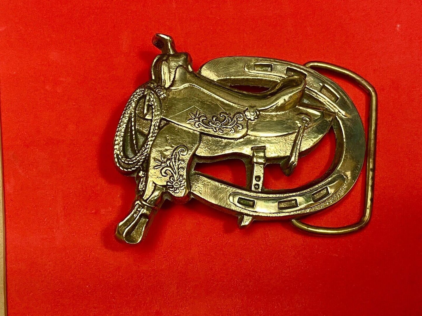 Vintage 1980 Horse Saddle Solid Brass Belt Buckle By Baron Brass Works