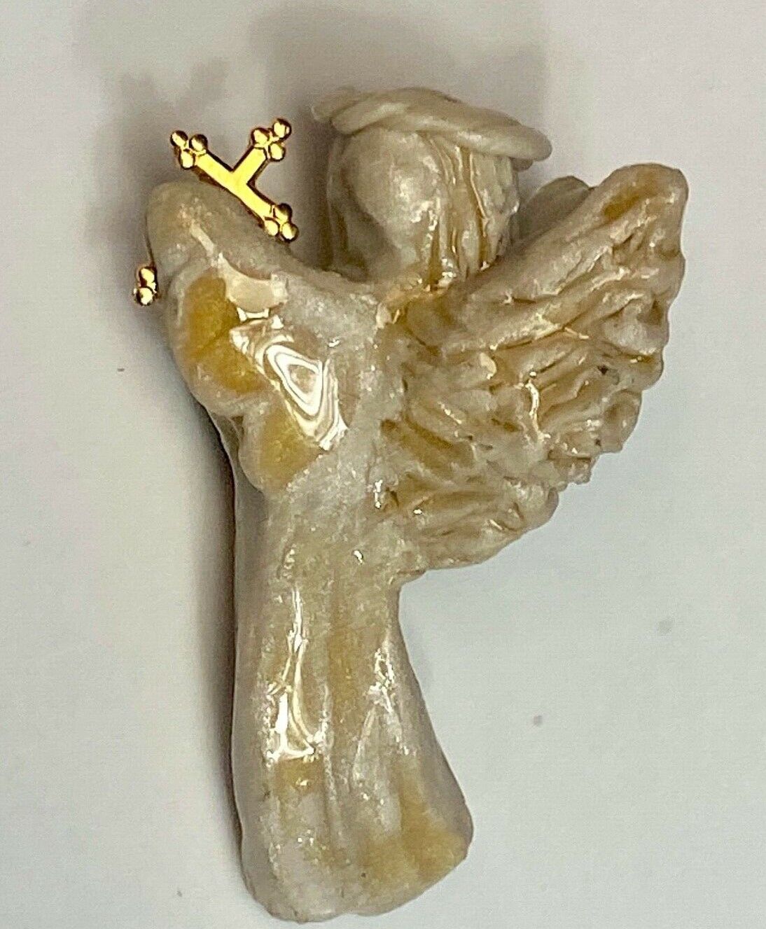 Vintage Artisan Angel & Cross Brooch Pin Hand Carved Gold Tone Crucifix Signed