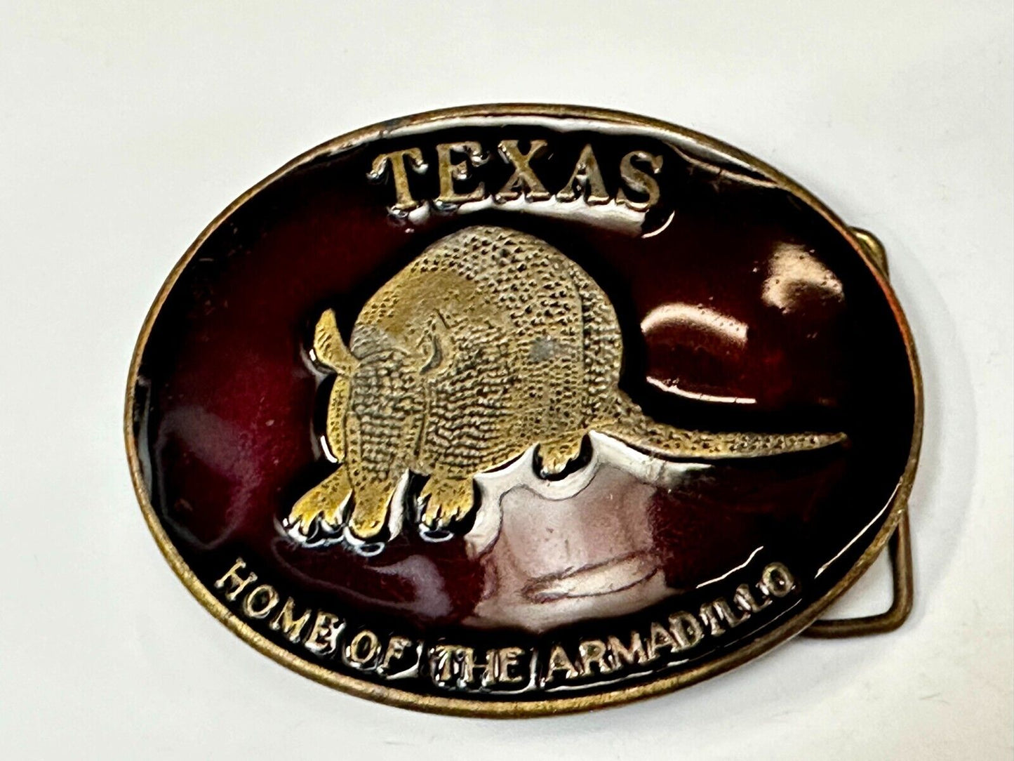 Texas Home of the Armadillo Commemorative Red colored Belt Buckle by Koleaco