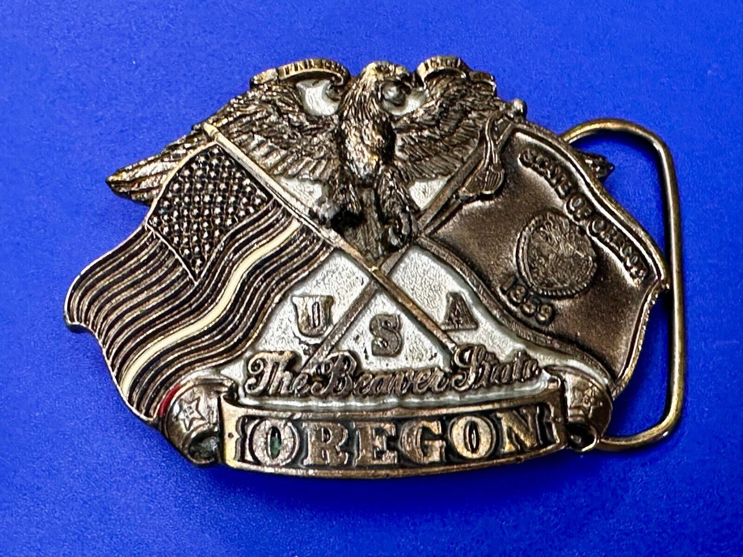 The Beaver State OREGON American Flag Eagle Seal 1987 Commemorative Belt Buckle