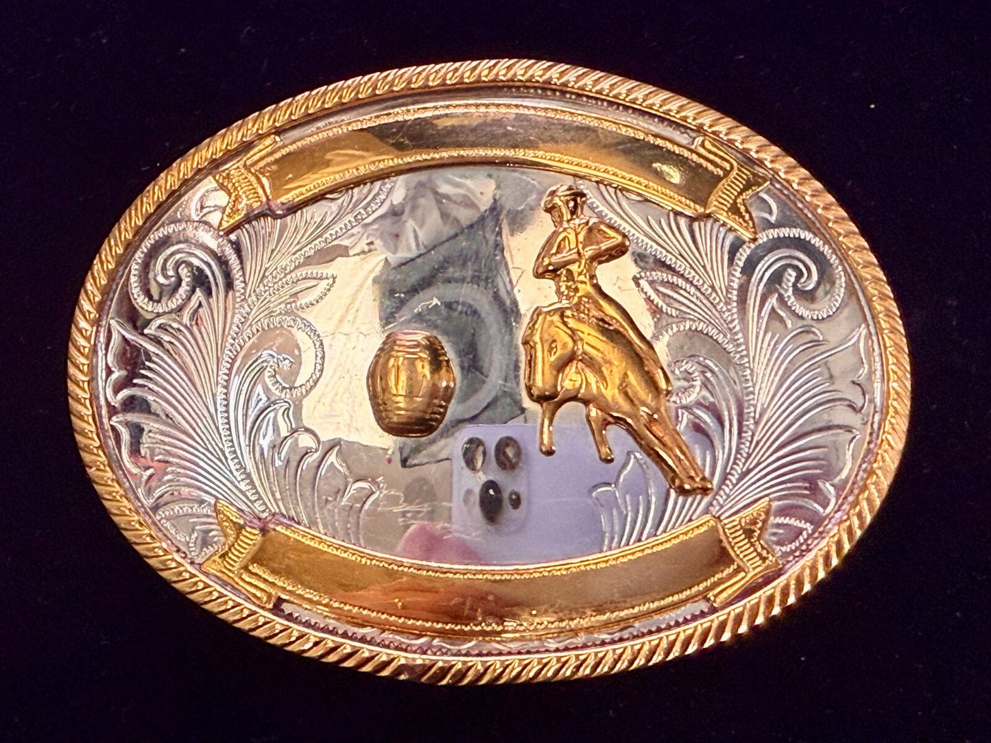Vintage Barrel Racing Trophy Award Blank Ribbon Vtg. German Silver Belt Buckle
