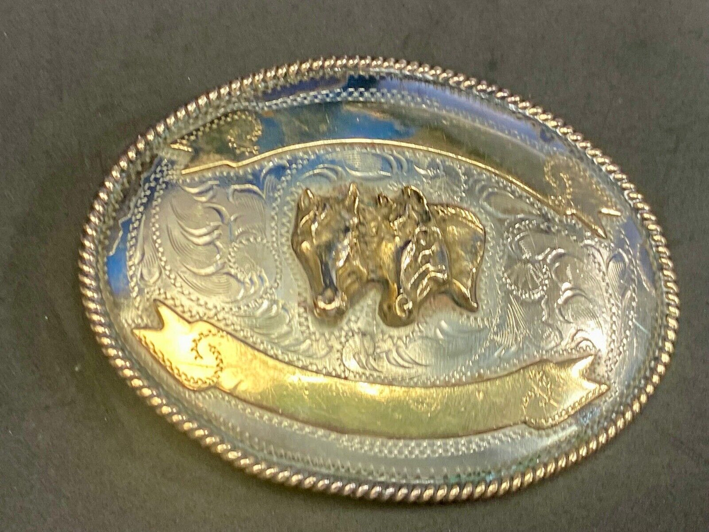 Vintage 4" Three Horse Head's On Alpaca Mexico Belt Buckle Blank Trophy Scroll