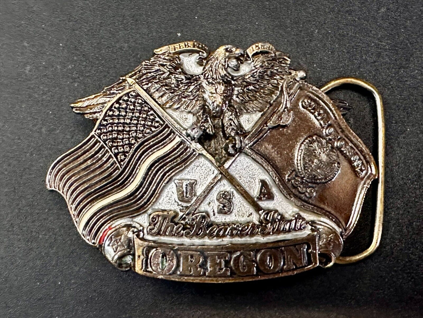 The Beaver State OREGON American Flag Eagle Seal 1987 Commemorative Belt Buckle