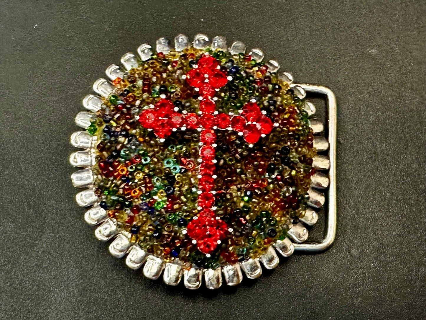 Artisan Religious Red Cross Rhinestone Covered Unique Round Chunky Belt Buckle