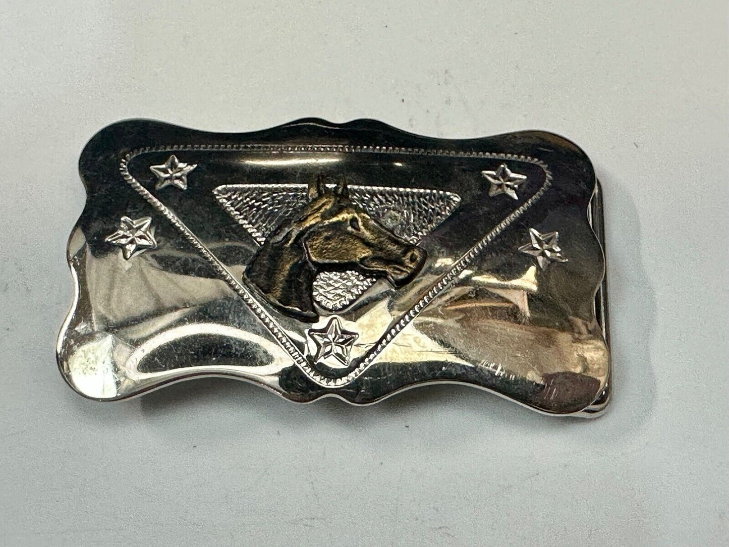 Vintage Chambers Horse head on reflective engraved USA made western Belt Buckle