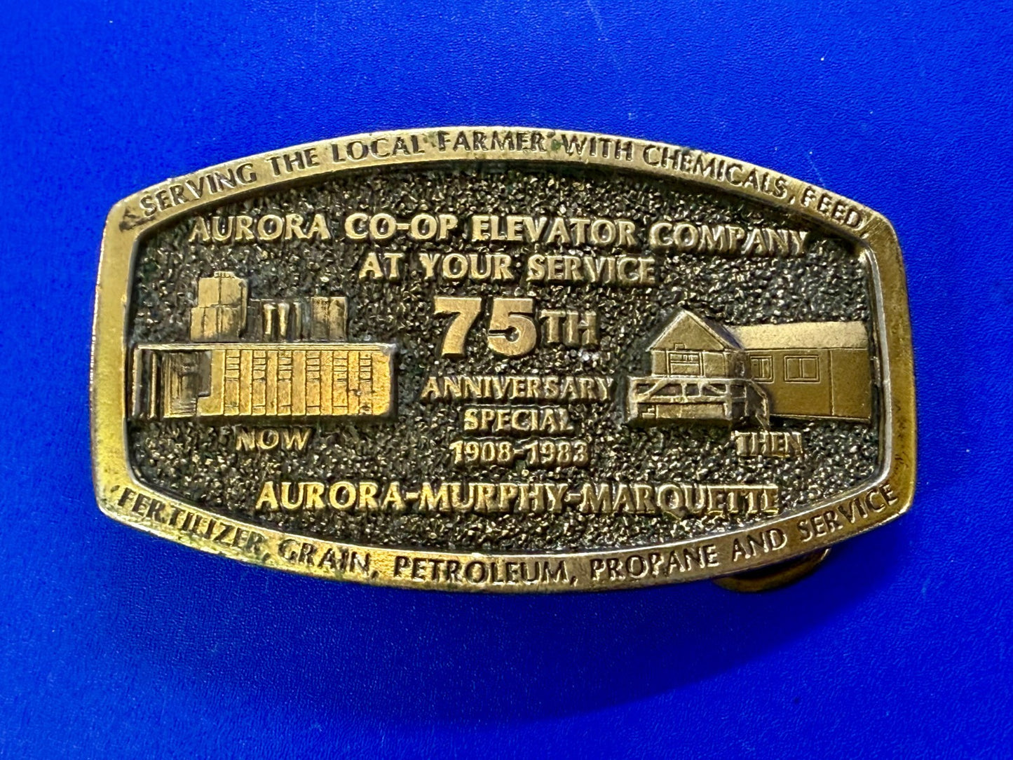 Aurora Co-Op Elevator Company at your Service 75th Anniversary Belt Buckle