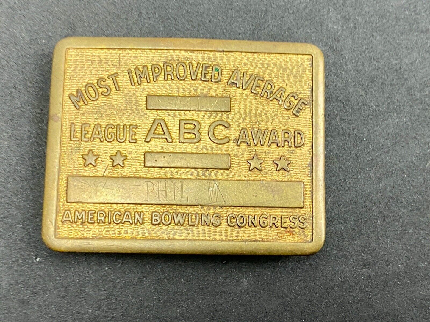 Vintage bowling ABC American Bowling Congress most improved award belt buckle