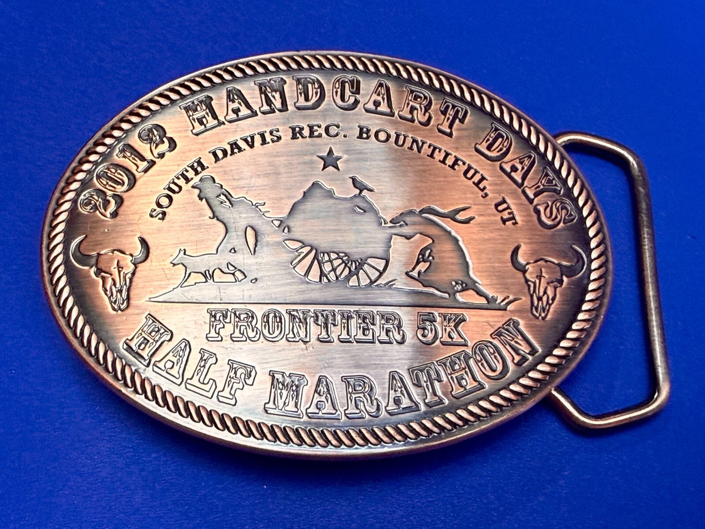 2012 Handcart Days Frontier 5K Half Marathon South Davis Utah Belt Buckle