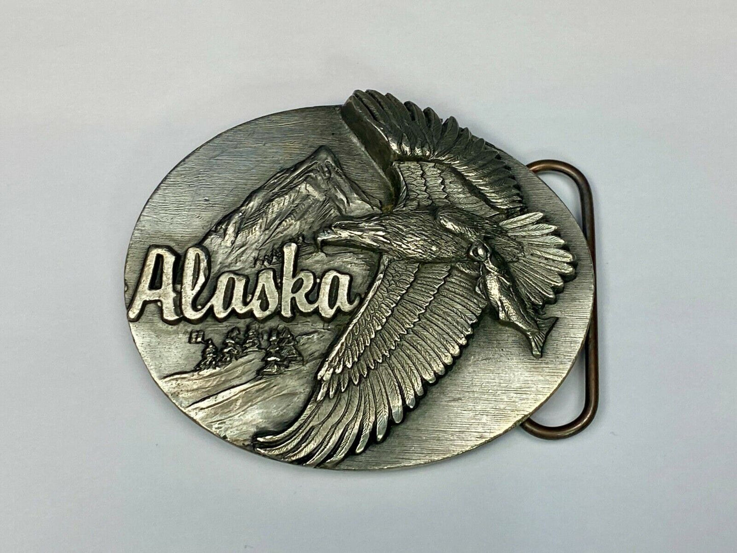 Vintage 1990 Hunting Flying Eagle W Salmon Alaska Belt Buckle