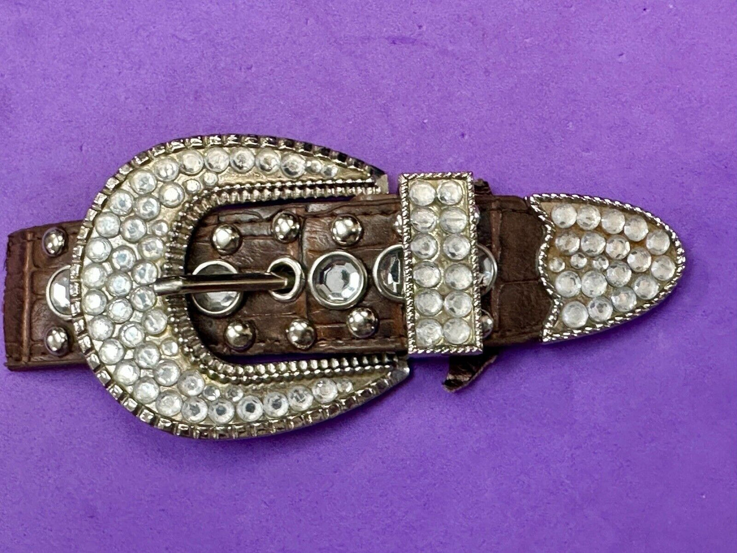 Three Piece western silver tone rhinestone ranger set belt buckle tip & keeper