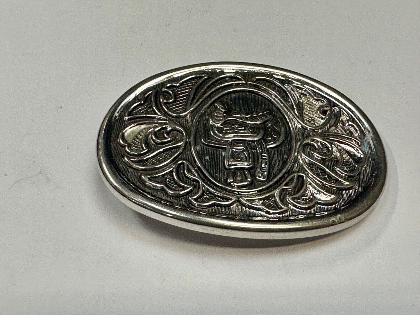 AVON Oval Ornate Vintage Belt Buckle Western Design w/Horse Saddle Silver Tone
