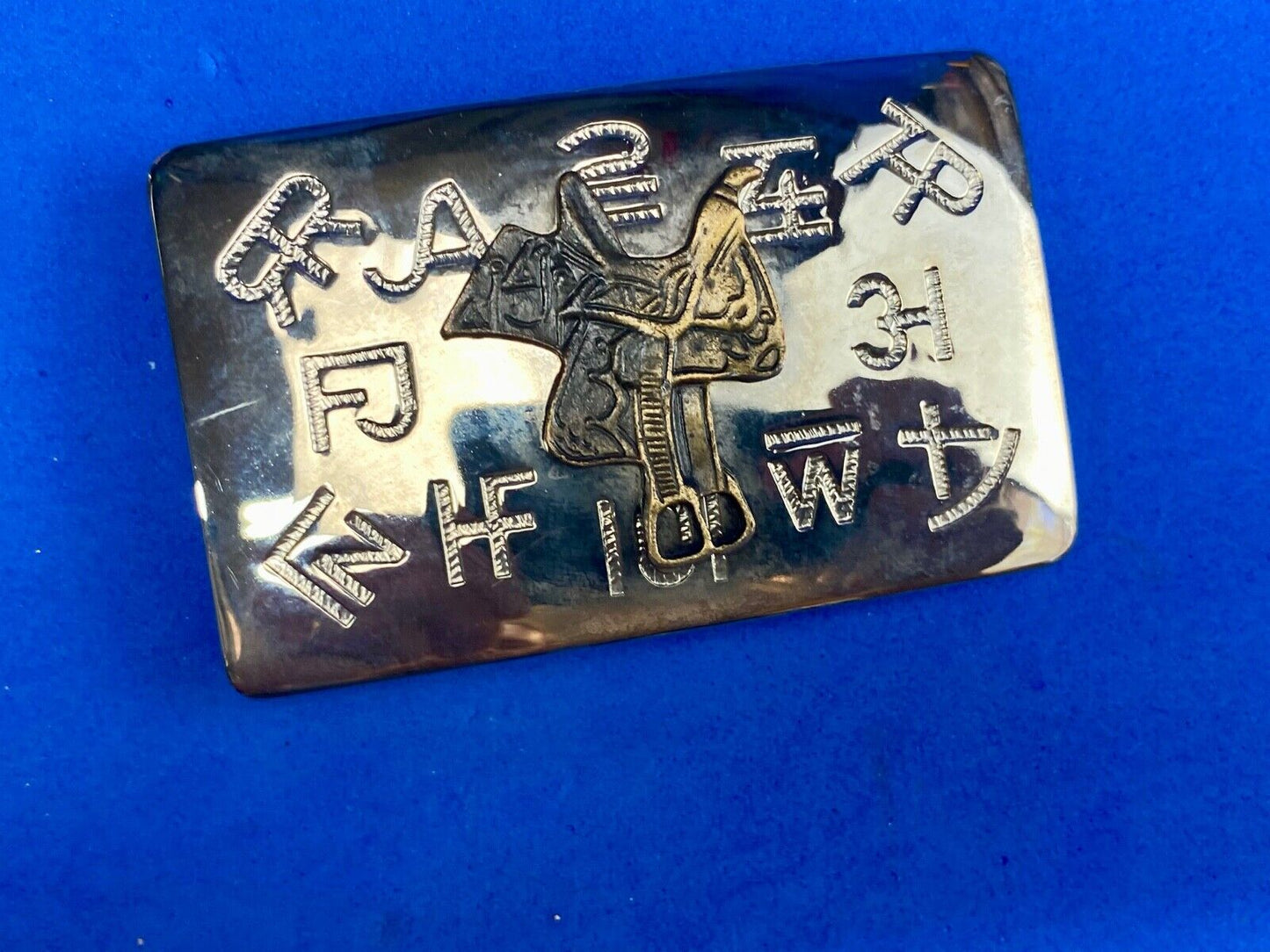 Vintage Chambers western Saddle Belt Buckle with cattle branding symbols