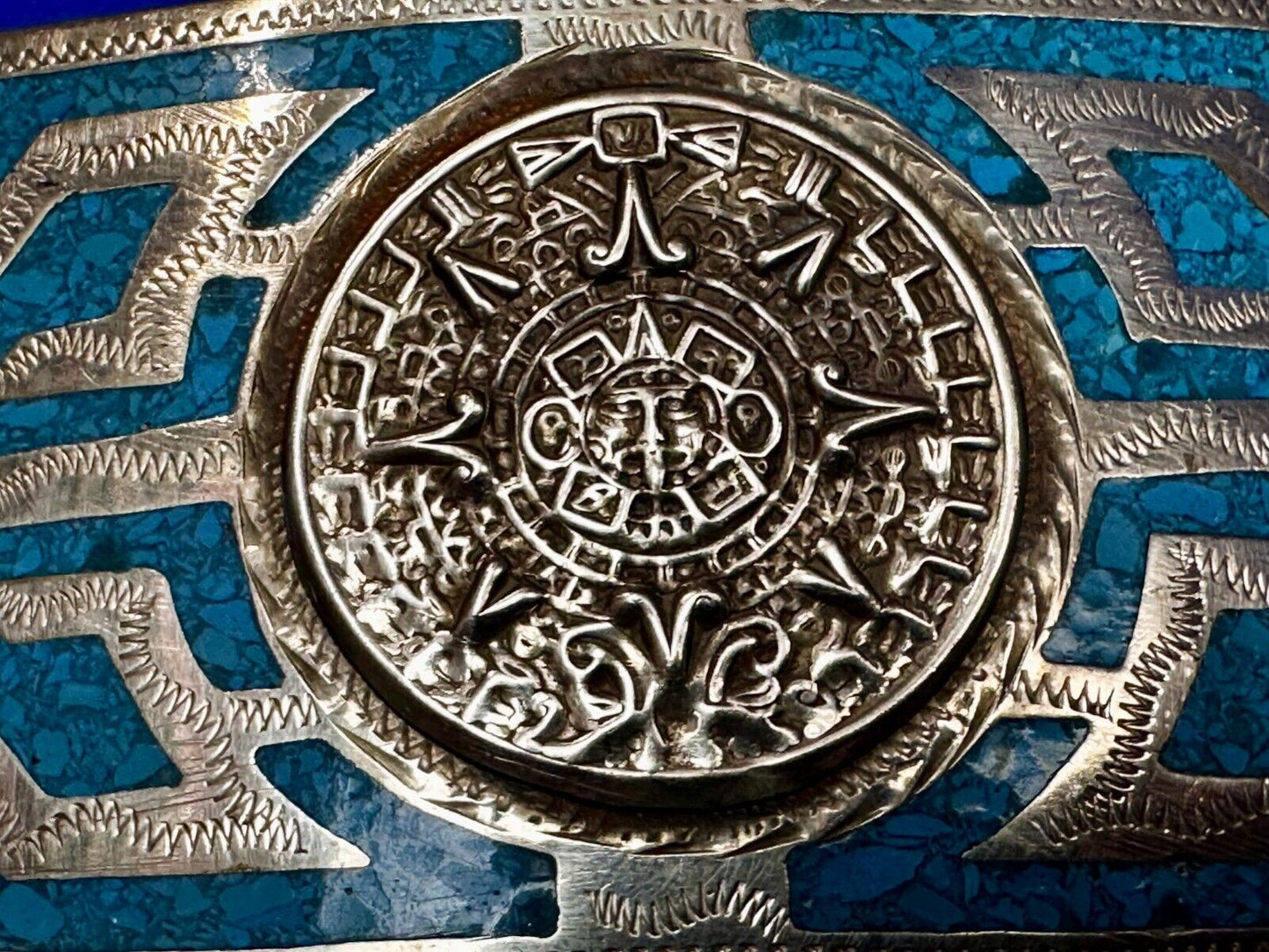 Aztec Mayan Calendar Sun Turquoise Inlay Southwestern Vintage Belt Buckle