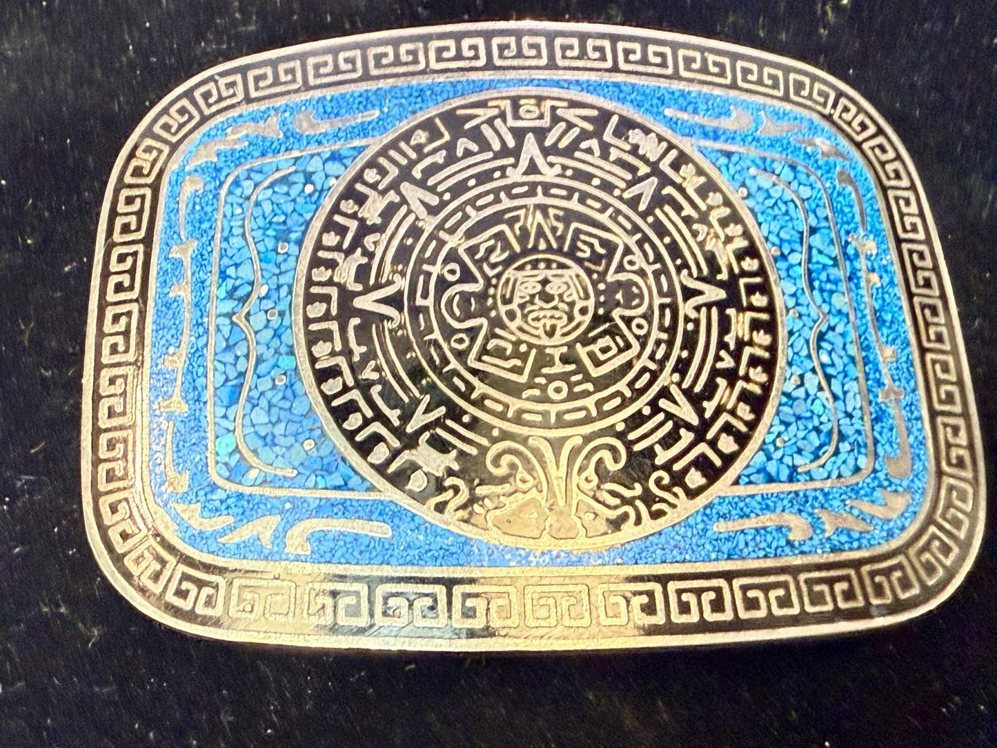 Aztec Mayan Calendar Turquoise Chip Inlay Tribal Art Belt Buckle Mexico Made