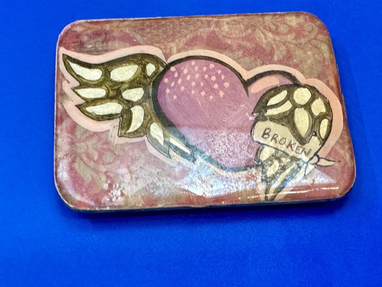Vintage HEART with wings Mexican Collage belt buckle by artisan Nikki Zabicki