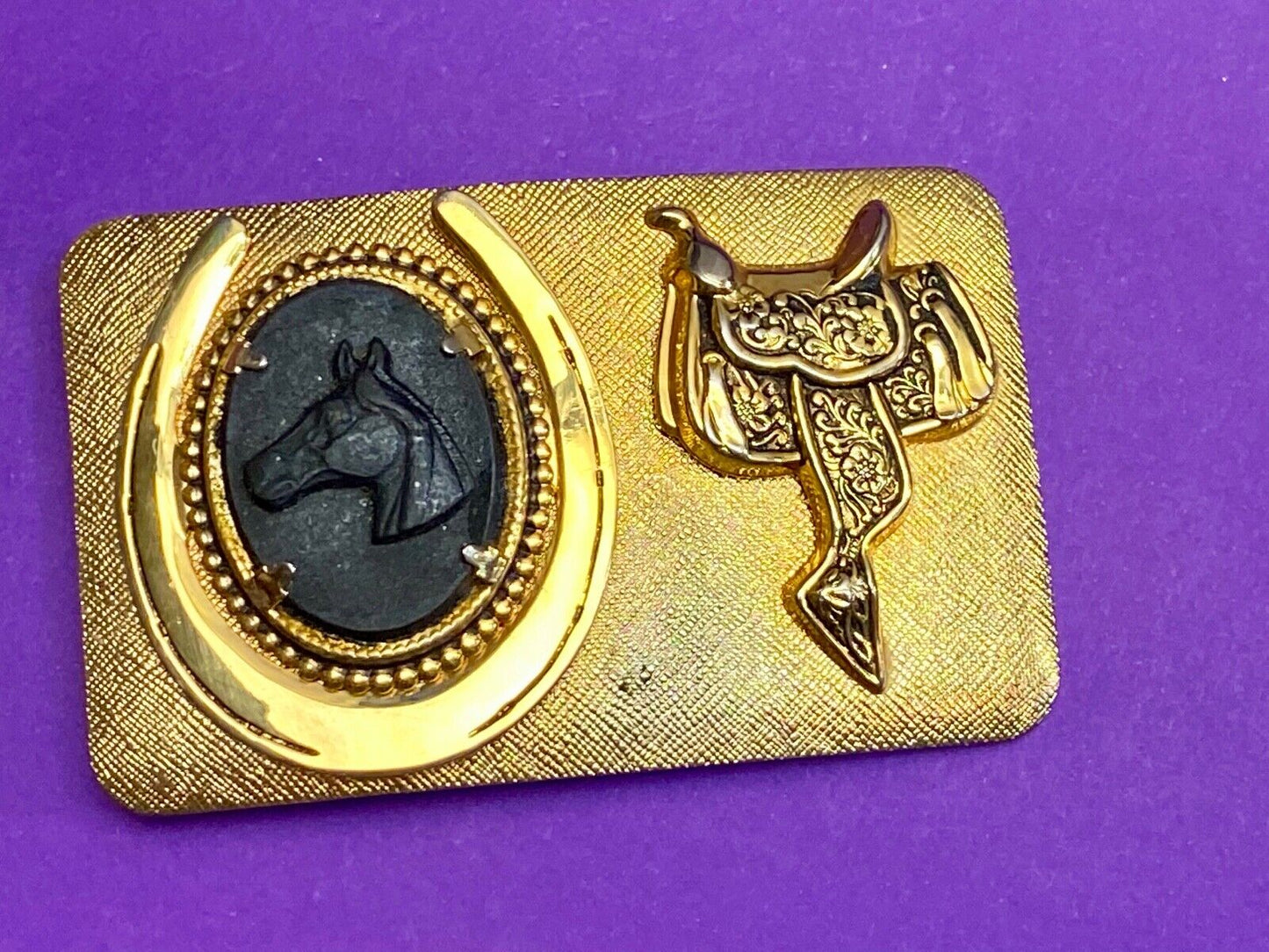Black Horse Head And Saddle As Centerpiece In Western Gold Tone Belt Buckle