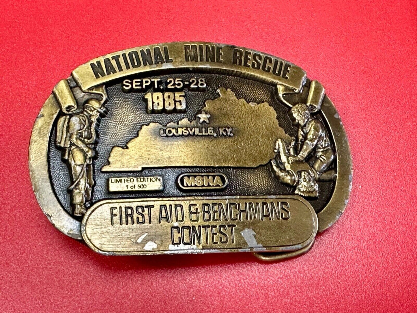 1985 National Mine Rescue Louisville KY MSHA First Aid contest belt buckle