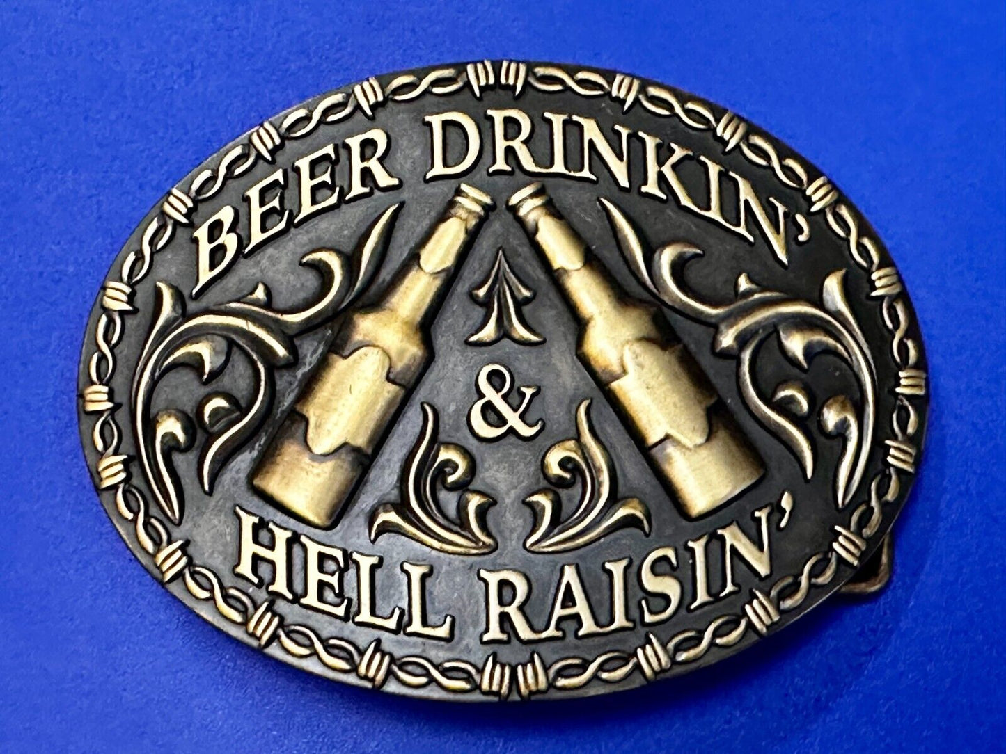 Beer Drinkin Hell Raisin Funny Novelty Barbed Wire Border Western Belt Buckle