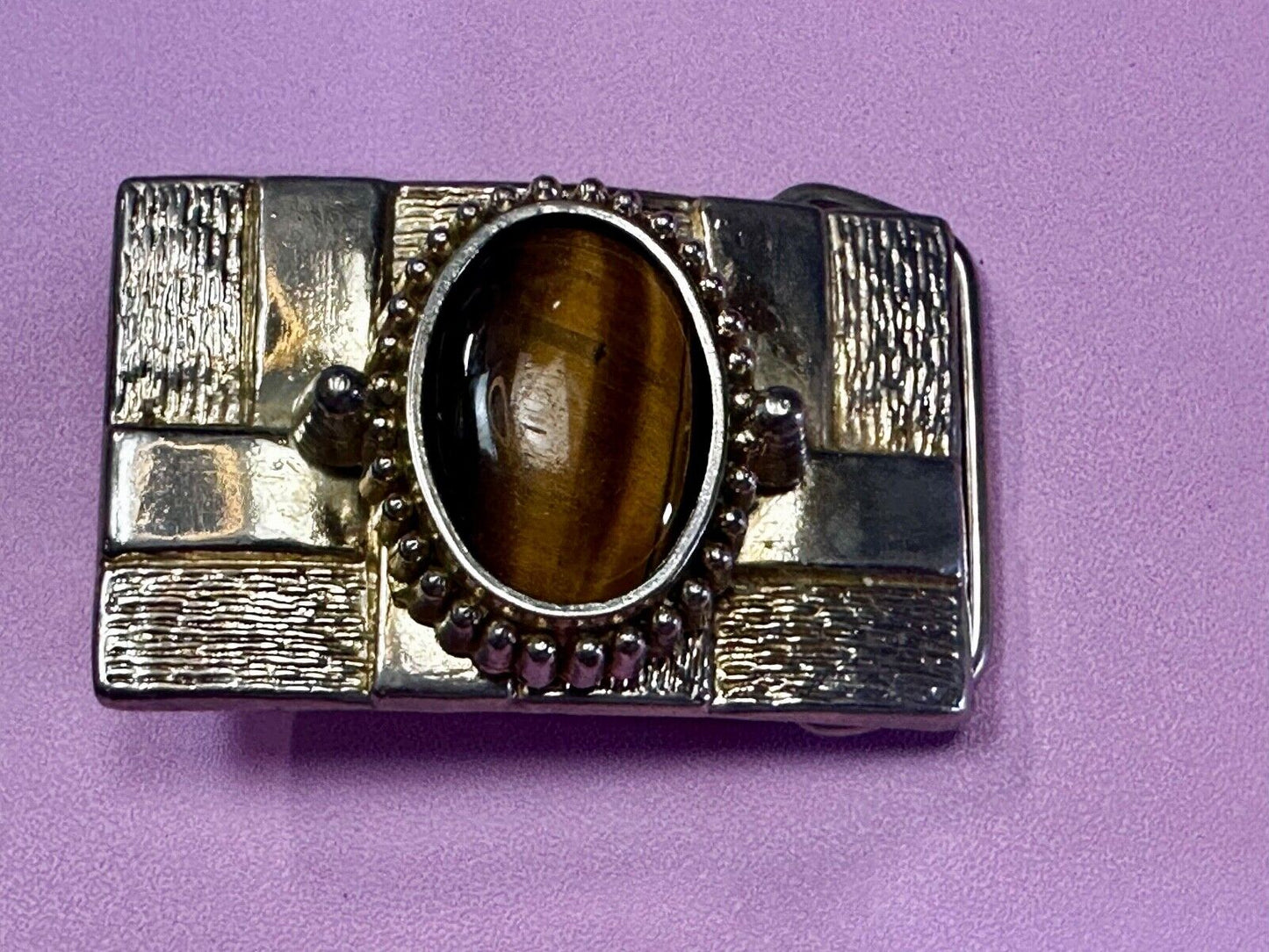 Tigers Eye Cabochon Stone Centerpiece on Western gold tone box theme Belt Buckle