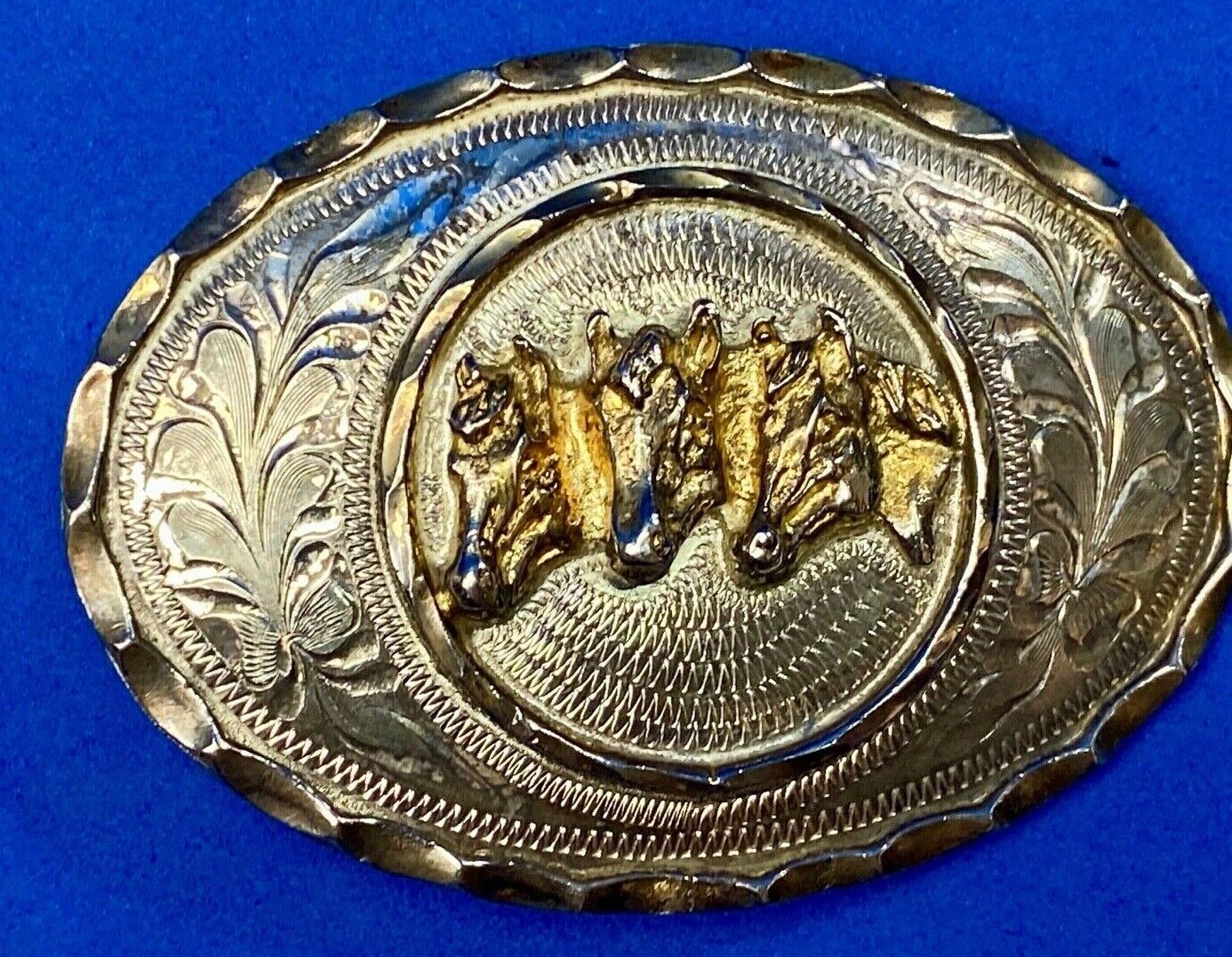 Three Horse Heads - Vintage Silver belt buckle. See makers mark!