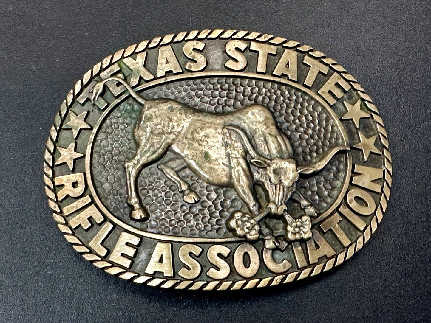 Texas State Rifle Association Charging longhorn Hunting Norman Co. belt buckle