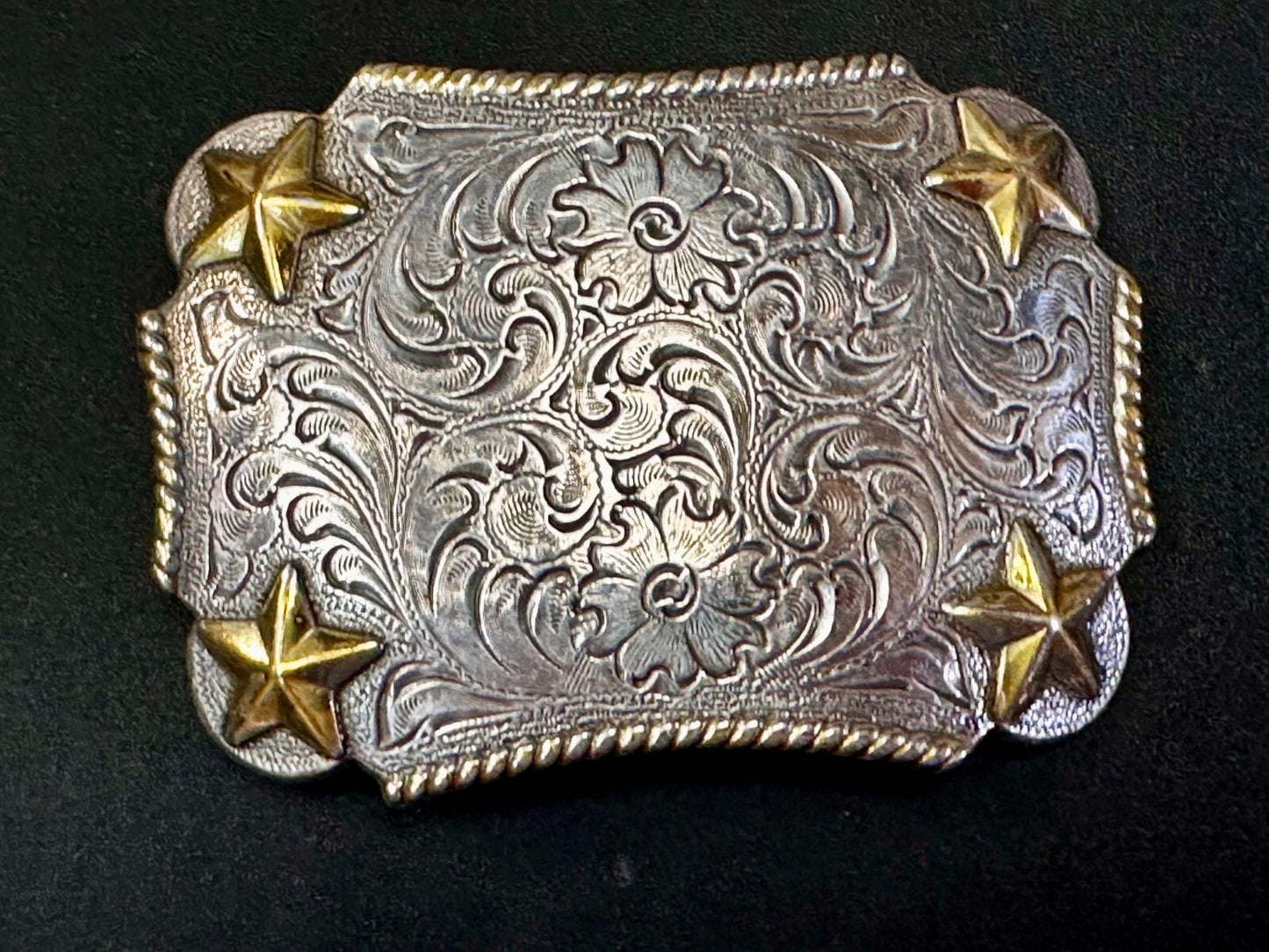 Texas Lone Star Corners Flower Swirl Ornate Western Two Tone Belt Buckle