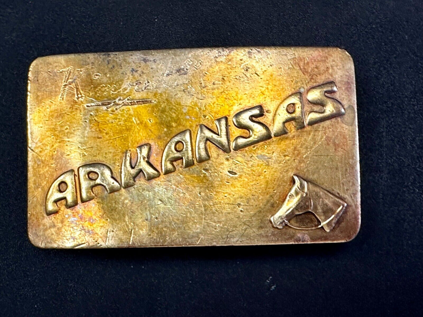 ARKANSAS State Horse Head BrassTone Commemorative Vintage Belt Buckle